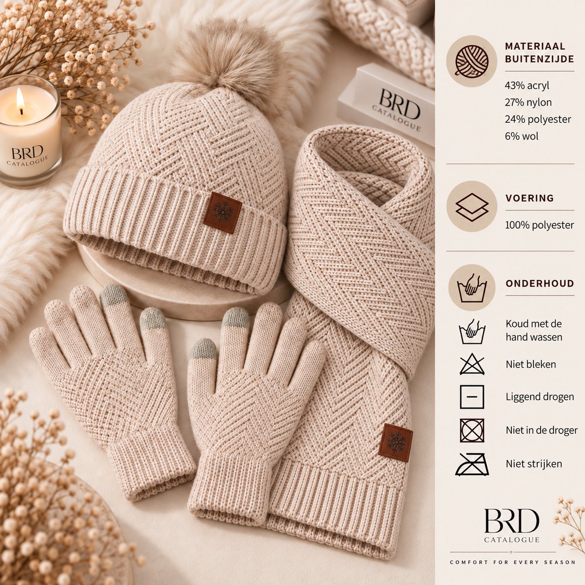 BRD® Winterset met Wol Beige - Muts met Pompon Sjaal Handschoenen - Unisex — cadeau in Mode & Accessoires - foto 4