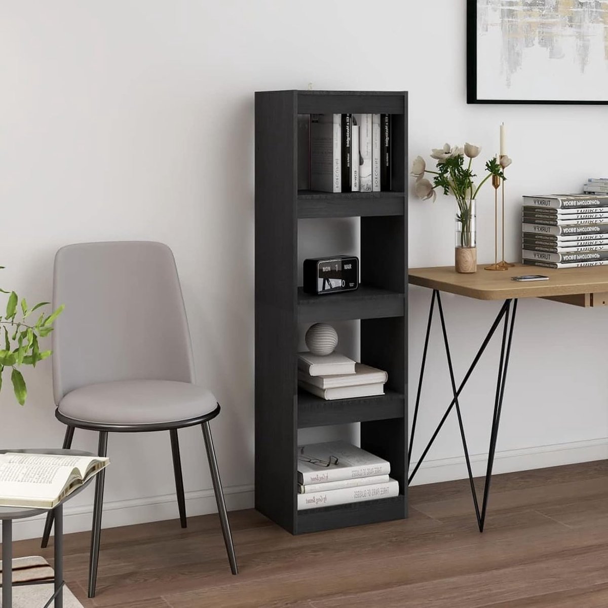 Boekenkast/onderverdelers, grijs, 40 x 30 x 135,5 cm, boekenkast, opbergrek, moderne boekenkast, woonkamer, scheidingswand voor tijdschriften, boeken, dvd, materiaal: massief grenen