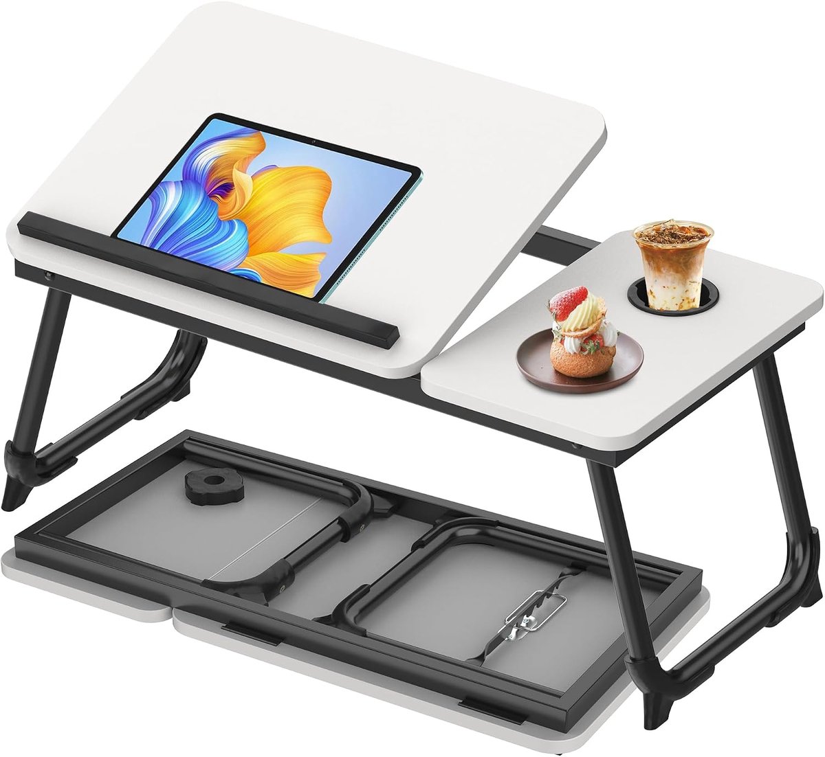 Laptoptafel, 63 x 27 x 33 cm, laptoptafel met hoekverstelbaar en bekerslot, MDF, bedtafel met inklapbare poten, beddienblad voor bed en bank, vloer, laptoptafel voor bed (warmwit)