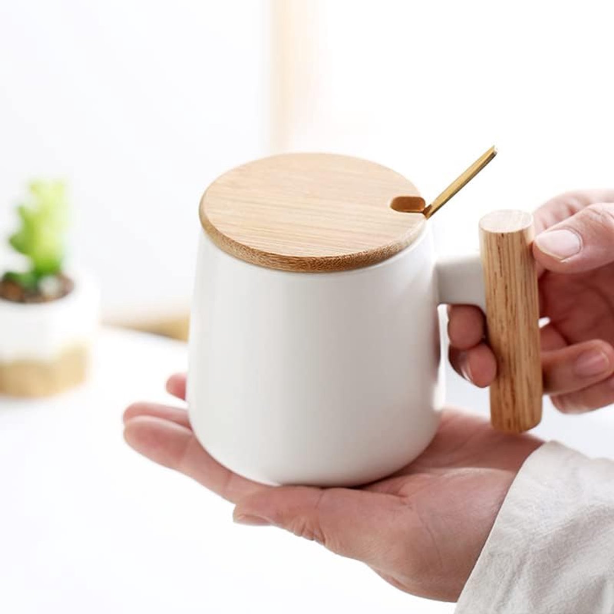 12 oz keramische koffiemok met houten deksel en gouden lepel melk thee beker voor kantoor en thuis, grappige ideeën geschenken verjaardagscadeaus liefhebbers geschenken kerstcadeaus (wit)
