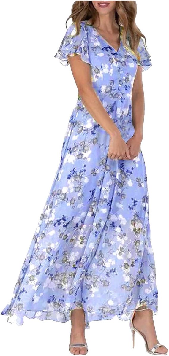 Lange damesjurk, vloeiend, Boheems, casual, maxi, zomer, casual, strand, chic, elegant, korte mouwen, vintage, katoen, linnen, bedrukt, grote maat, avond, A4