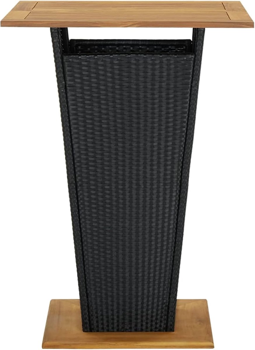 Bartafel, rotantafel, tuintafel, houten tafelblad met stalen poten, tuintafel, balkontafel, vierkant, terrastafel, bistrotafel, zwart, 80 x 80 x 110 cm, polyrotan en massief hout acacia