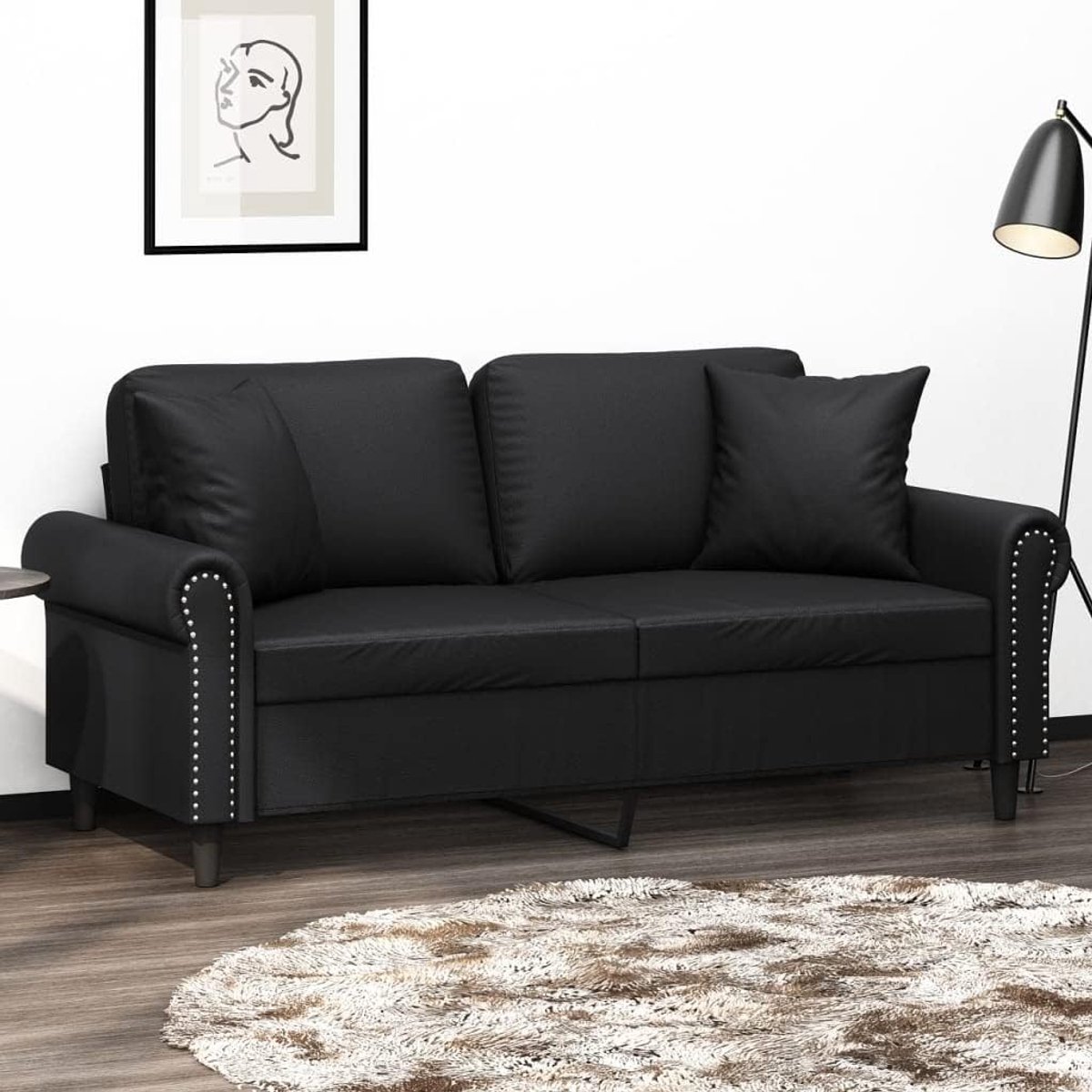 2-zitsbank met kussen, zwart, 140 cm, van kunstleer