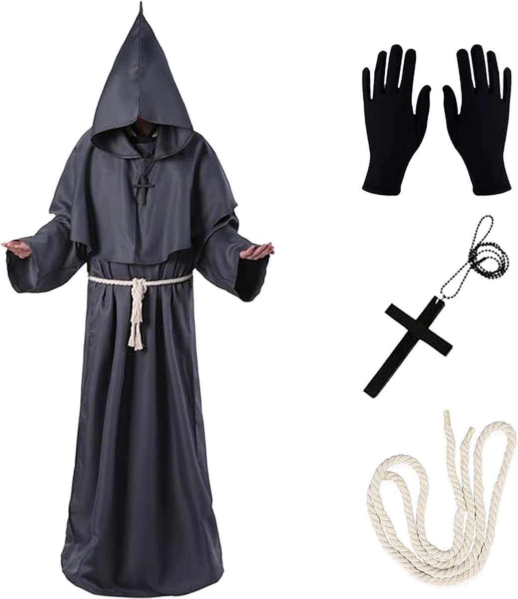 Priesterkostuum, monnikpriestergewaad, heren capuchon monnikrobe priesterkostuum met kruis-halsketting, handschoenen, riem, Halloween, carnaval en rollenspel kostuums