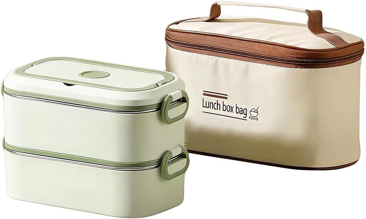 Lunchbox voor volwassenen, lekvrije Bento Box met koeltas, vakken, lunchbox bestek, 2/3 lagen, lekvrije bento lunchbox, stapelbaar, voor picknick, kantoor, kaki/groen (groen, 1800 ml)