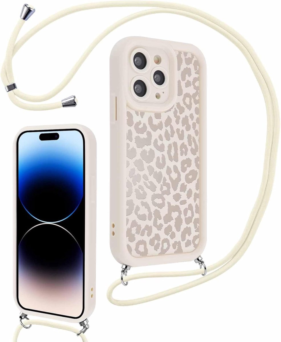 Telefoonketting telefoonhoes voor iPhone 13 Pro 6,1” hoes met band ketting, Beige esthetisch luipaard patroon beschermhoes om om te hangen zacht siliconen stootvast case bumper krasbestendige