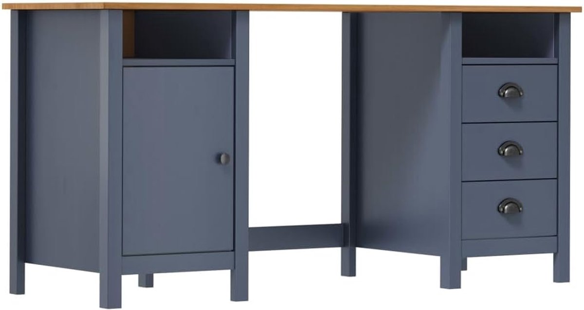 Bureau massief grenen 150 x 50 x 74 cm met 3 laden, 2 vakken en 1 deur, grijs bureau met schelpgrepen voor kantoor en thuis
