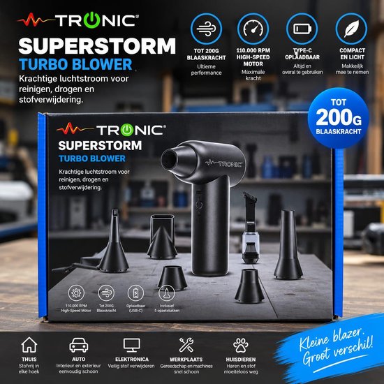 MTronic Superstorm Turbo Blower – Air Duster – Turbo Jet Fan – Elektrische Luchtblazer & Luchtpistool – 200G – 110.000 RPM – USB-C – 5 Opzetstukken – Voor PC, Auto, Stof & BBQ