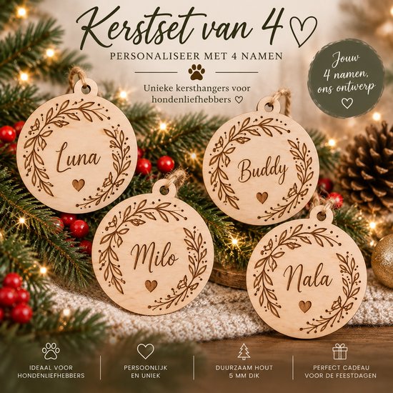 Kerstset van 4 Gepersonaliseerde Houten Kersthangers voor Honden – 4 Namen naar Keuze – Kerstboom Decoratie – Hondenliefhebbers – Natuurlijk Hout 5 mm – Laser Gesneden en Gegraveerd – Persoonlijk Kerstcadeau