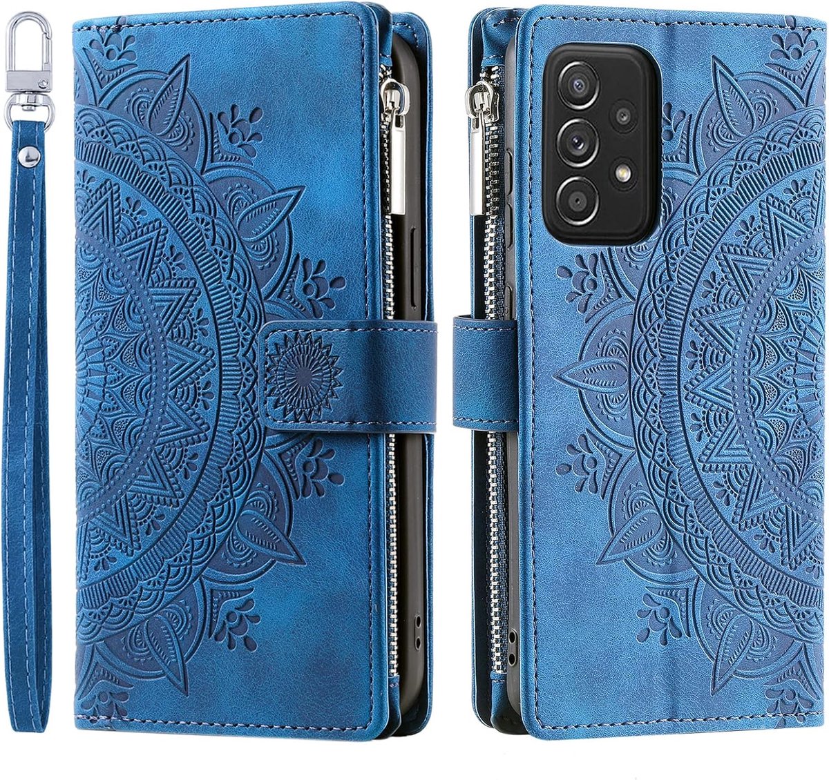 Hoes voor mobiele telefoon voor Samsung Galaxy A52 / A52 5G / A52S 5G, klaphoes met bloemen, mobiele telefoon, beschermhoes, klaphoes, met kaartenvak, standfunctie, blauw