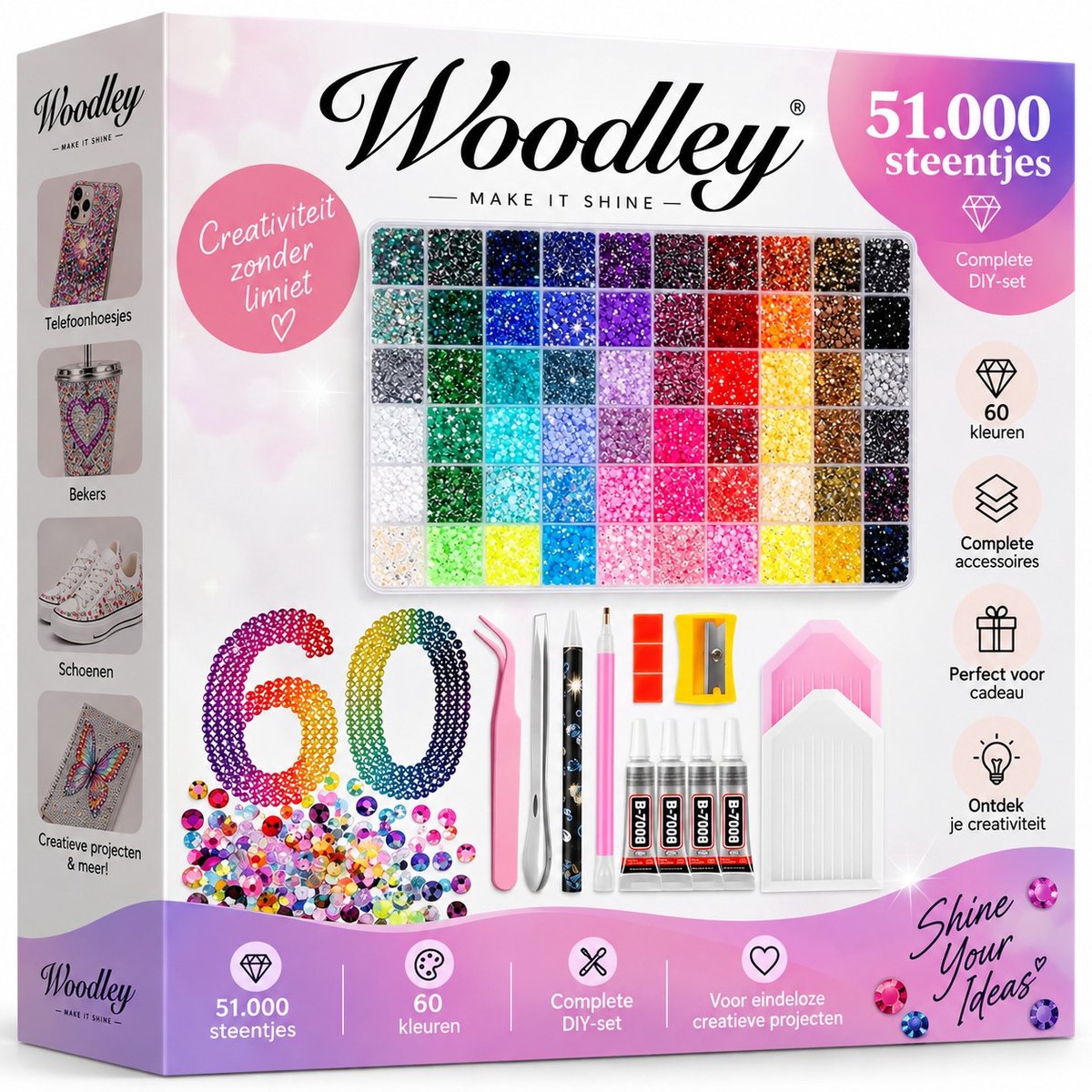 Woodley Bedazzle Kit - 51.000 Steentjes - 60 kleuren - Nagelsteentjes - Strass steentjes - DIY set