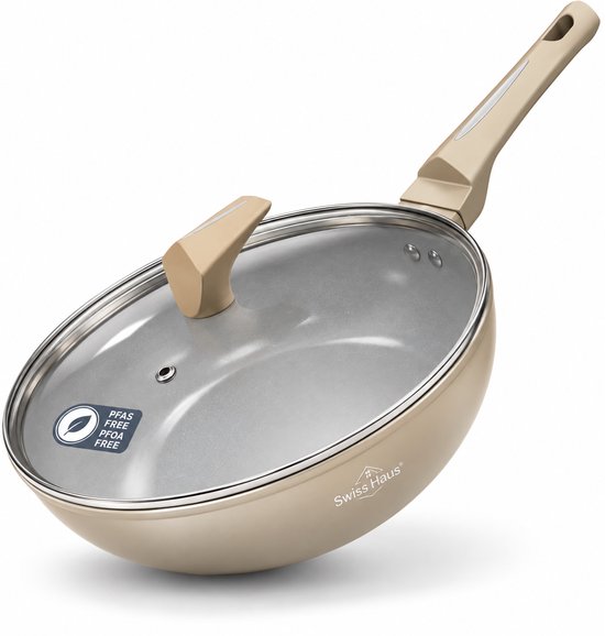 Swiss Haus® LW30CH Wokpan Inductie met Deksel - Ø 30 cm / 4.5 Liter - PFAS Vrij - Wokpannen Voor Alle Warmtebronnen - Wok Pan Met Sapphire™ Antiaanbaklaag - Champagne