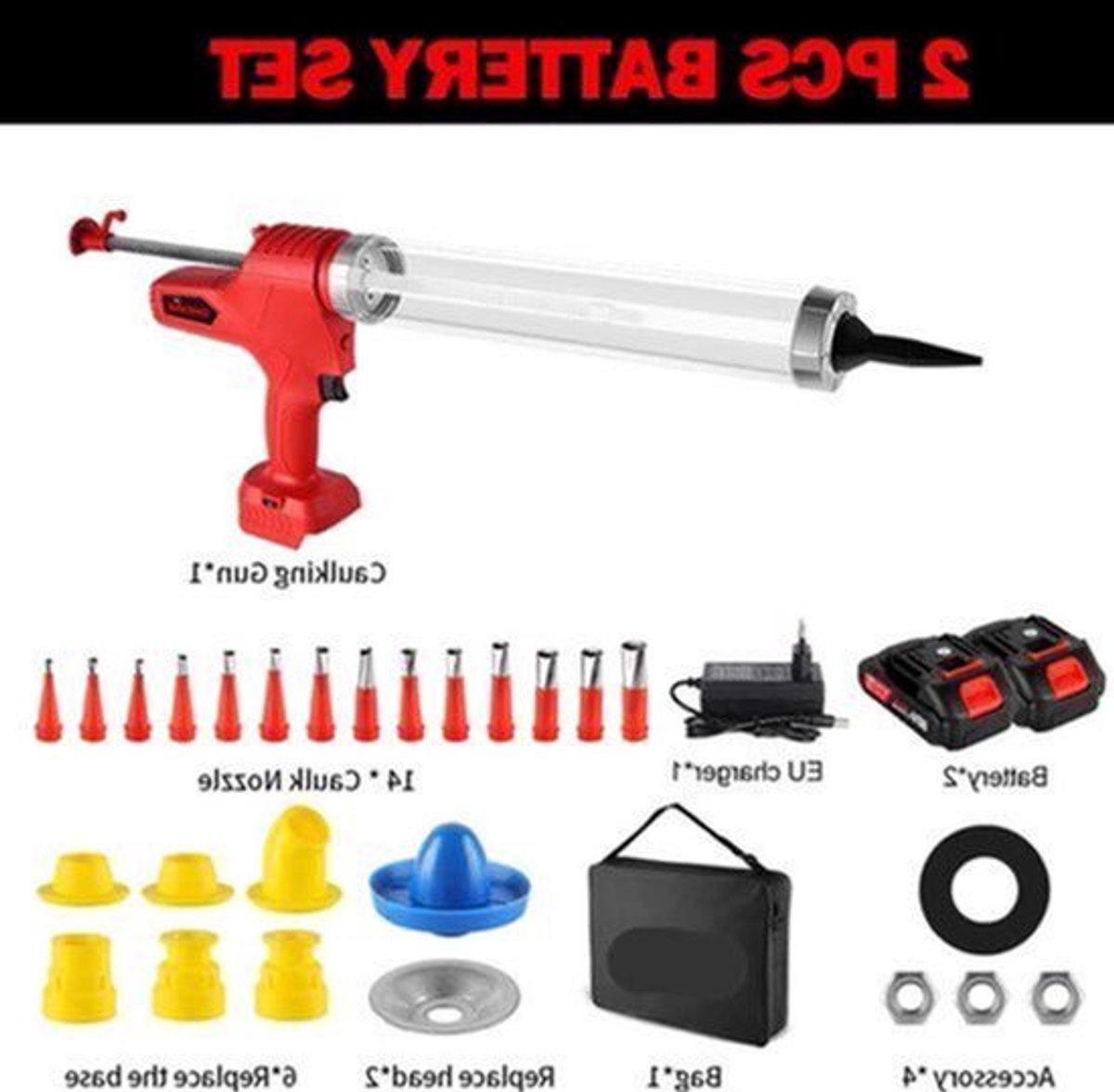 Elektrisch Kitpistool - Accu Kitspuit - Lijmpistool - 6 Snelheden - 18V - Voor Glas - Rubber & Kit - Meerdere Toepassingen - Inclusief 14 Nozzles - 2 Accu