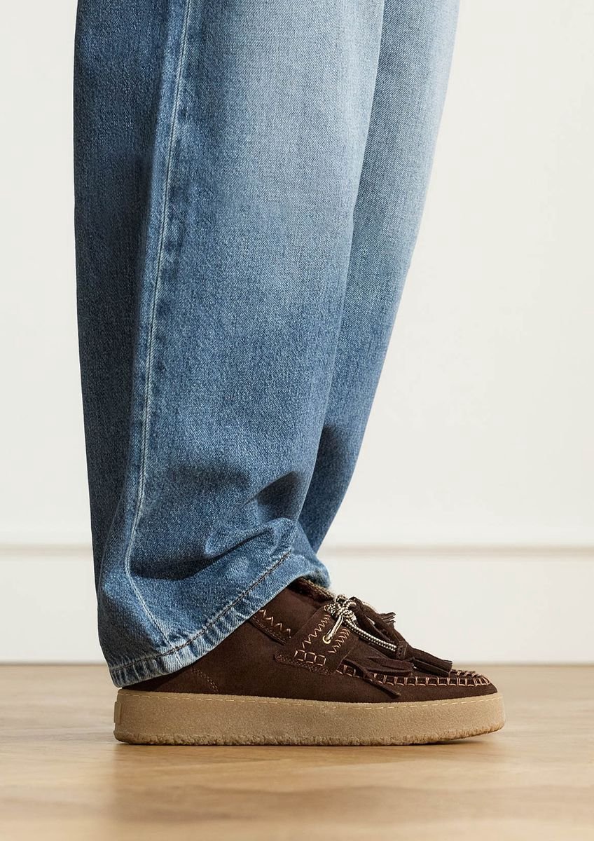 Manfield - Dames - Donkerbruine suède boots met franjes - Maat 42