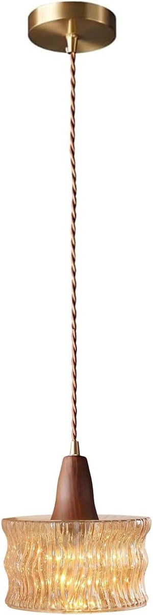 glazen hanglamp met houten details, E27 hanglamp voor keuken, eetkamer of slaapkamer (amber)