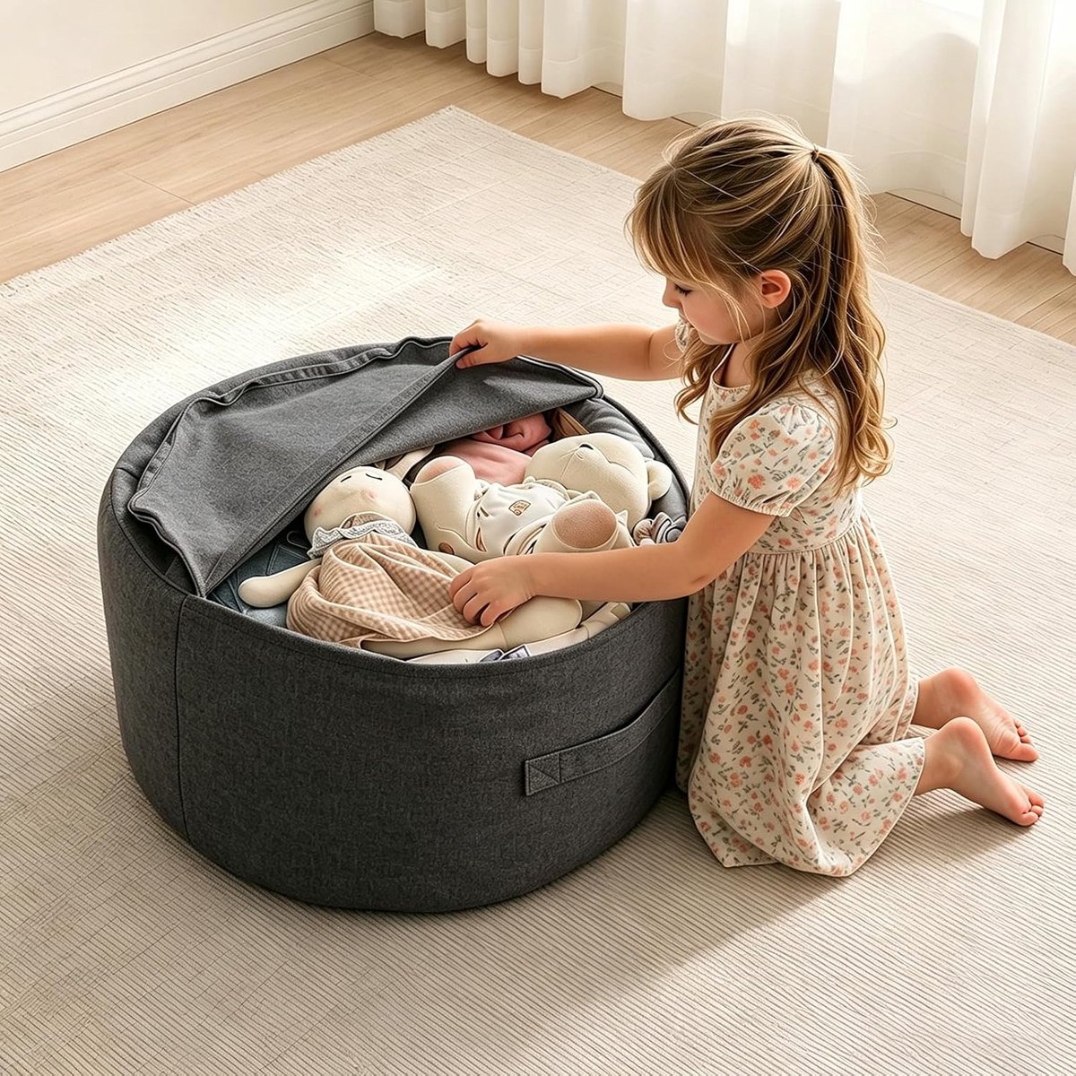 Opslag voor knuffeldieren, 58 x 28 cm, pluche speelgoed, opslag als zitzakhoes, zonder vulling, voor kinderkamer, knuffelhoek, vloerbank, zitkussen, kindervloermatras (donkergrijs)