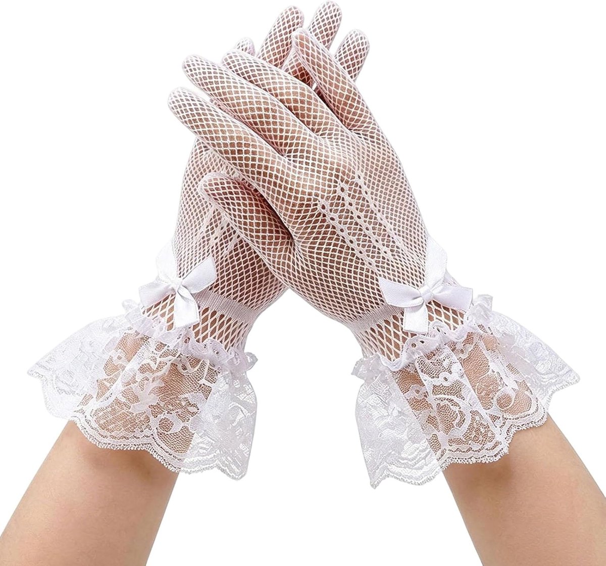 Handschoenen voor meisjes, bruidsmeisjeshandschoenen van net, witte handschoenen voor kinderen, vlinderdas, prinses, witte kanten handschoenen voor kostuum, thee, heilige communie voor 4-12