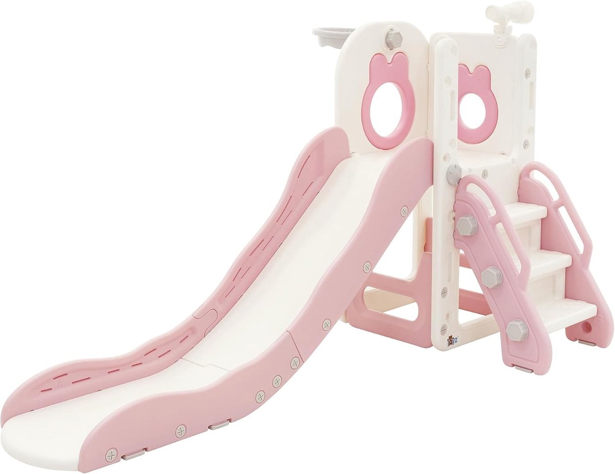 3-in-1 kinderslide kunststof wit-roze speeltoren set voor indoor outdoor glijbaan basketbalring speeltoestel tuinslide peuterslide babyslide vanaf 3 jaar kindvriendelijk glijbaan speelplezier