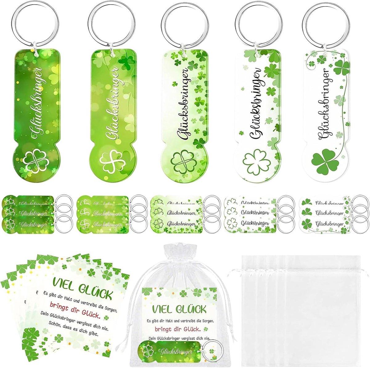 Set van 20 sleutelhangers van acryl met winkelwagenmuntjes, geluksbrenger van klavertje vier, kleine afscheidscadeaus voor collega's, studenten of gasten, ideaal voor verjaardagen