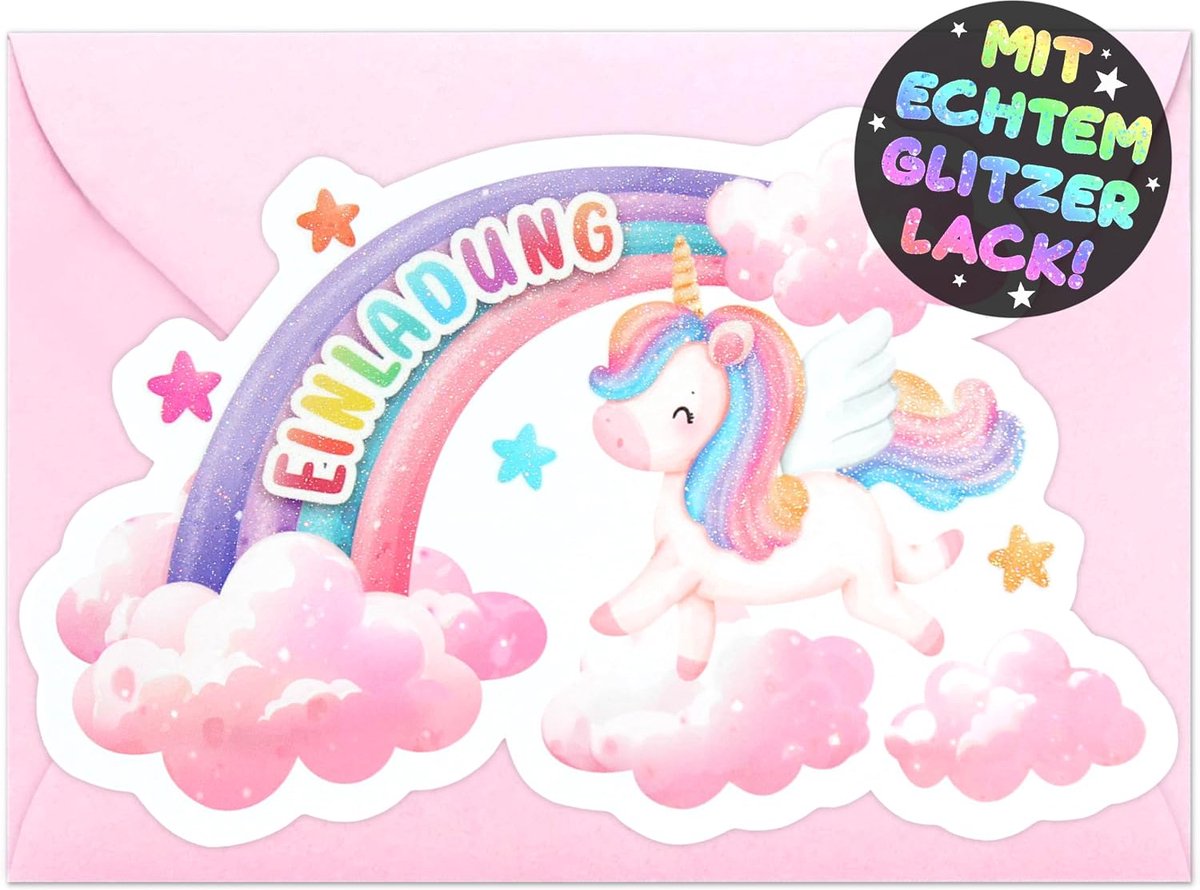 12 x glitter eenhoorn uitnodigingskaarten kinderverjaardag meisjes jongens + 12 x enveloppen - de regenboogpartykaarten zijn de eenhoorn-uitnodiging voor kinderen, jongens, verjaardag, paarden,