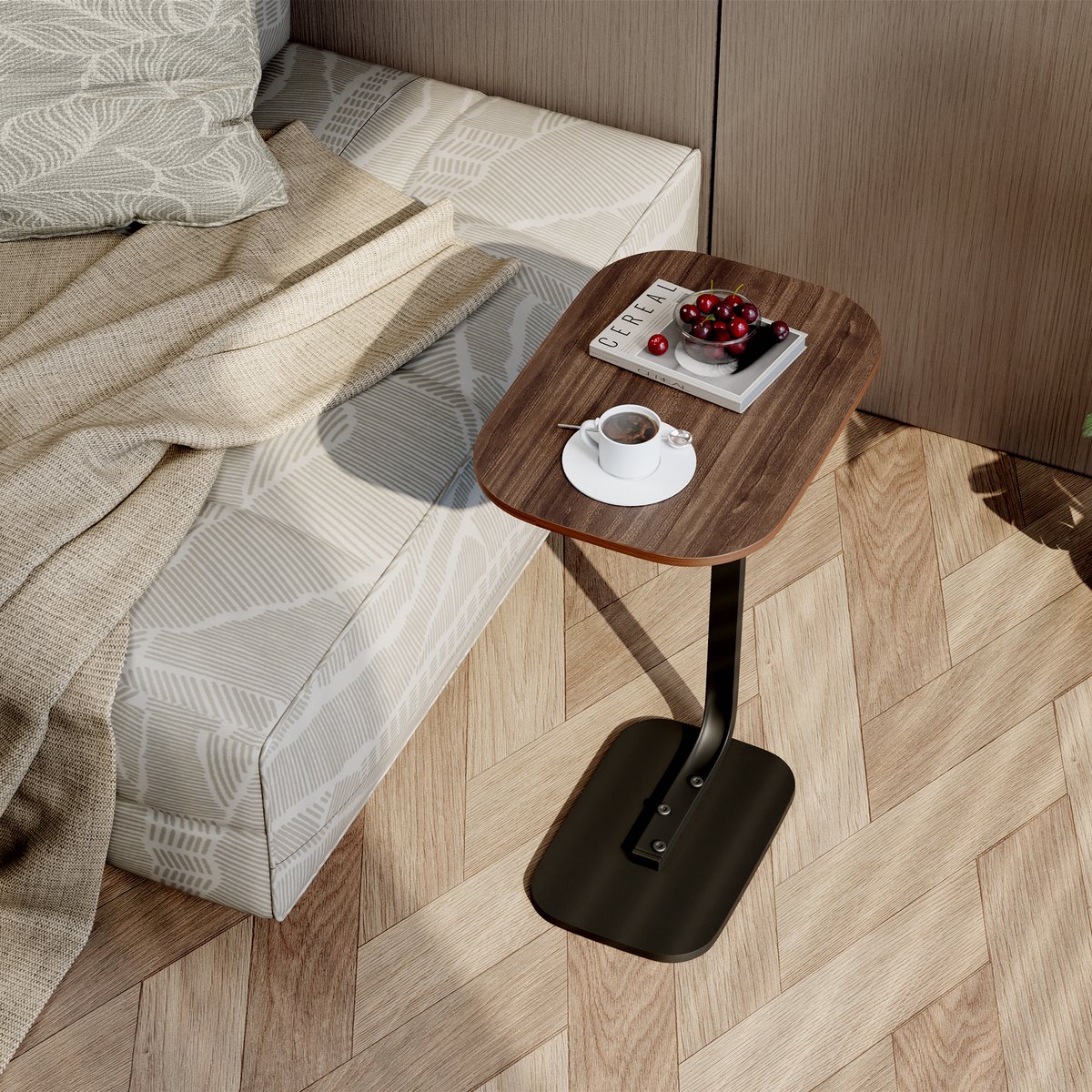 CHICFURN bijzettafel, salontafel, banktafel, laptoptafel en nachttafel met C-vormig ontwerp, mobiele tafel voor woonkamer en slaapkamer, houten tafelblad met zwart metalen frame, geschikt voor snacks, boeken, laptop en dagelijks gebruik