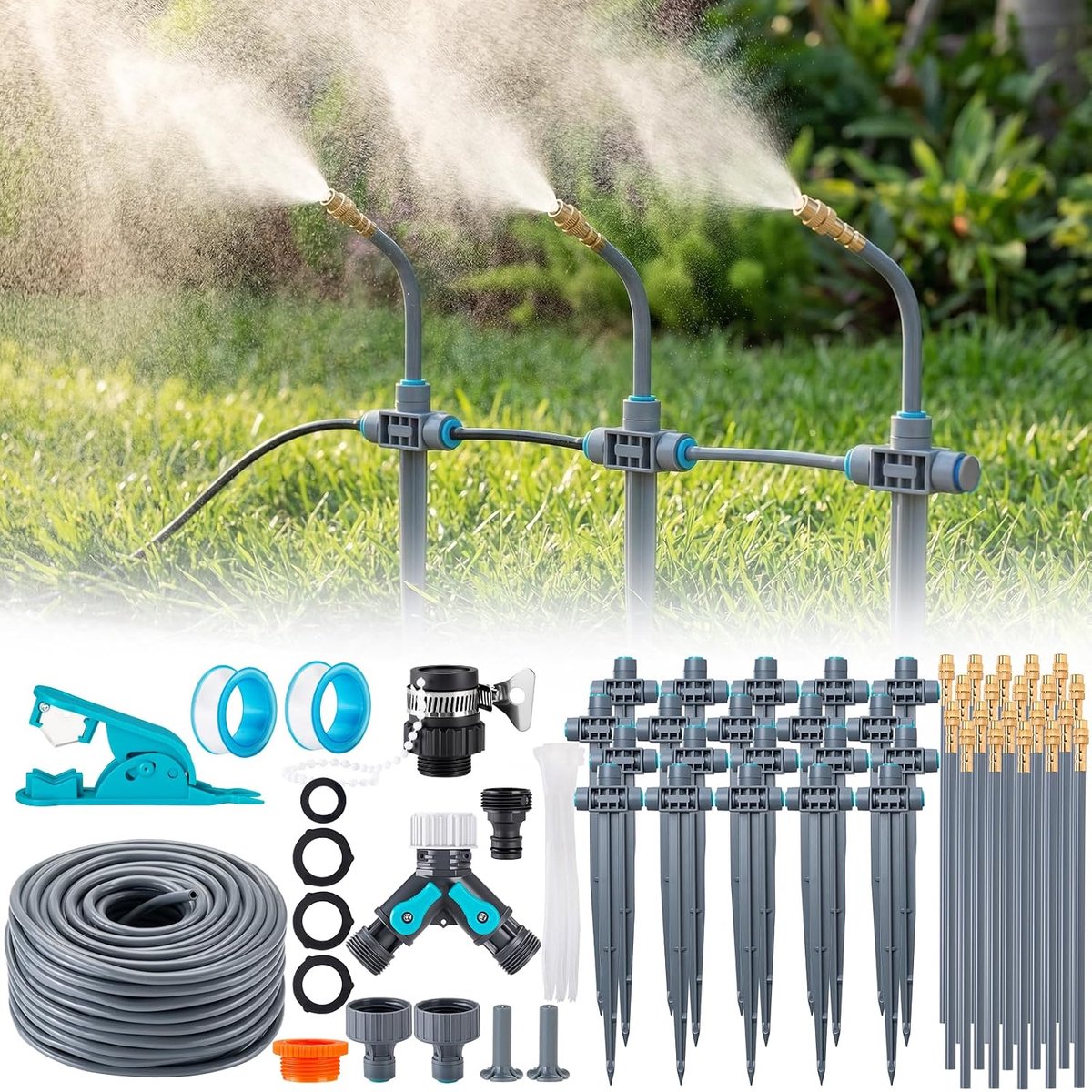 360° vrij verstelbaar tuinirrigatiesysteem met grondpen, druppelirrigatie, nauwkeurige doorstroomregeling, sprinklersysteem, koelsysteem voor broeikas, verhoogd bed, terras, balkonpotplanten
