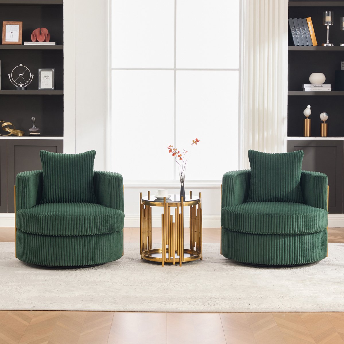 DESMIU Fauteuil - 360 Graden Draaibaar Met Opbergruimte - Voor Woonkamer En Slaapkamer - Ribfluweel - 76x79x78 Cm - Smaragdgroen Donkergroen