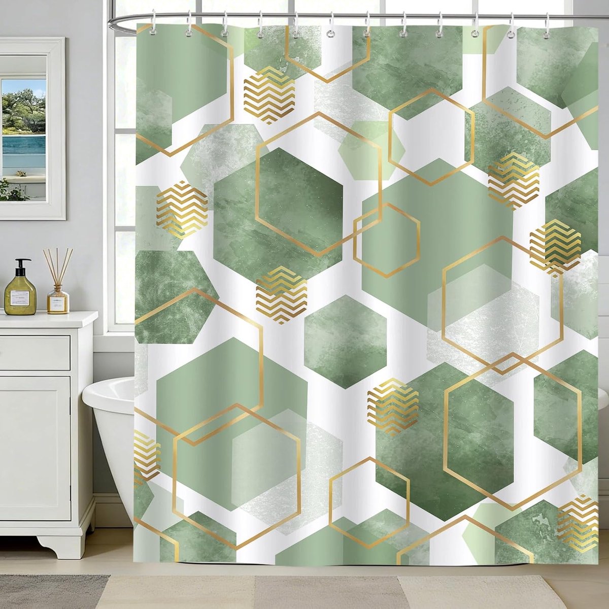 douchegordijn, 180 x 200 cm, saliegroen, geometrisch marmer
