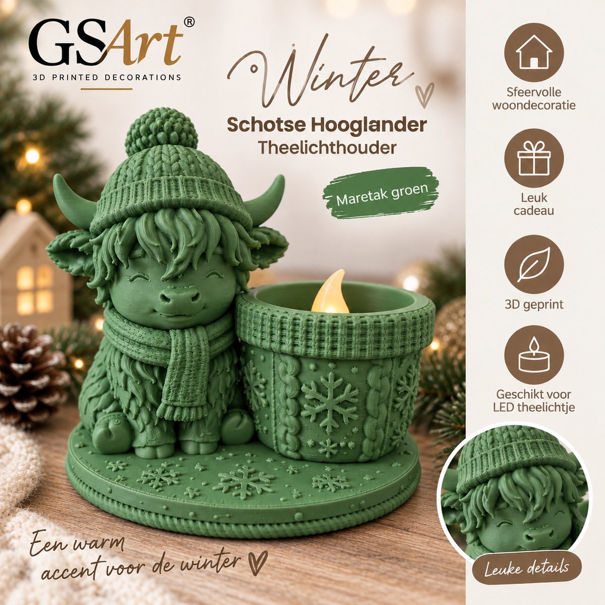 GSArt Theelichthouder Schotse Hooglander Winter – inclusief LED-kaarsje - Maretak Groen