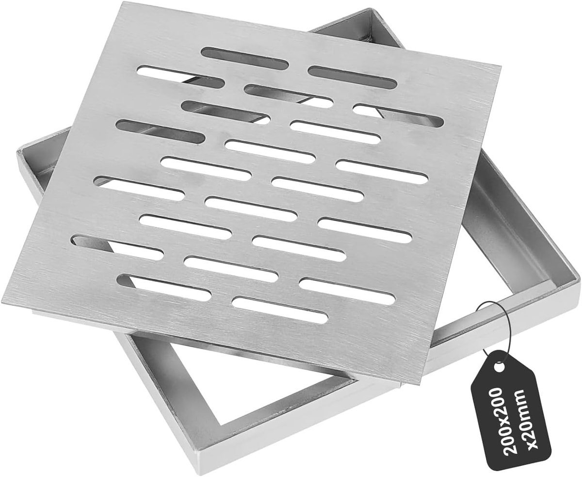 vloerafvoer, roestvrij stalen bodemafvoer, afvoerrooster, roestvrijstalen bodemafvoer met frame, antislip afvoerafdekking voor buiten, badkamer, tuin (200 x 200 x 20 mm)