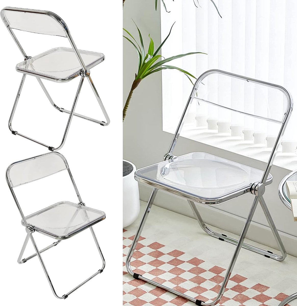 1 × Opvouwbare eetkamerstoel van acryl en metaal, transparante eetkamerstoelen, kunststof stoel voor buiten of binnen, moderne en verfijnde tuinstoelen (transparant, 1 stuk)