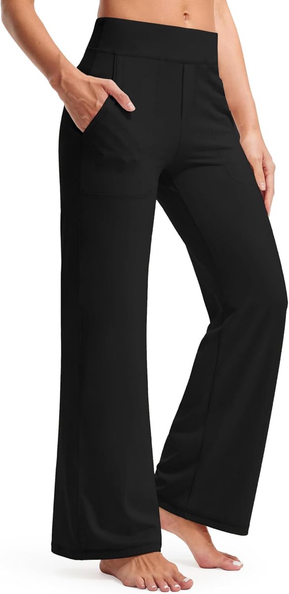 Yogabroek voor dames, lang, hoge taille met zakken, joggingbroek, brede pijpen, comfortabele rechte vrijetijdsbroek, buikcontrole, trainingsbroek, sportbroek, yogabroek