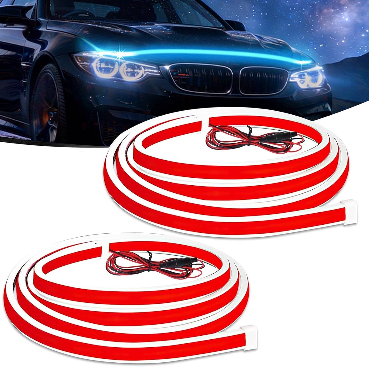 2 stuks universele 180 cm blauwe flexibele waterdichte strips licht 10-16 V Dynamic Scan Start Up Hoodbeam Kit Scan Starting Auto Hood Light Strip Motorkap Lichtstrips