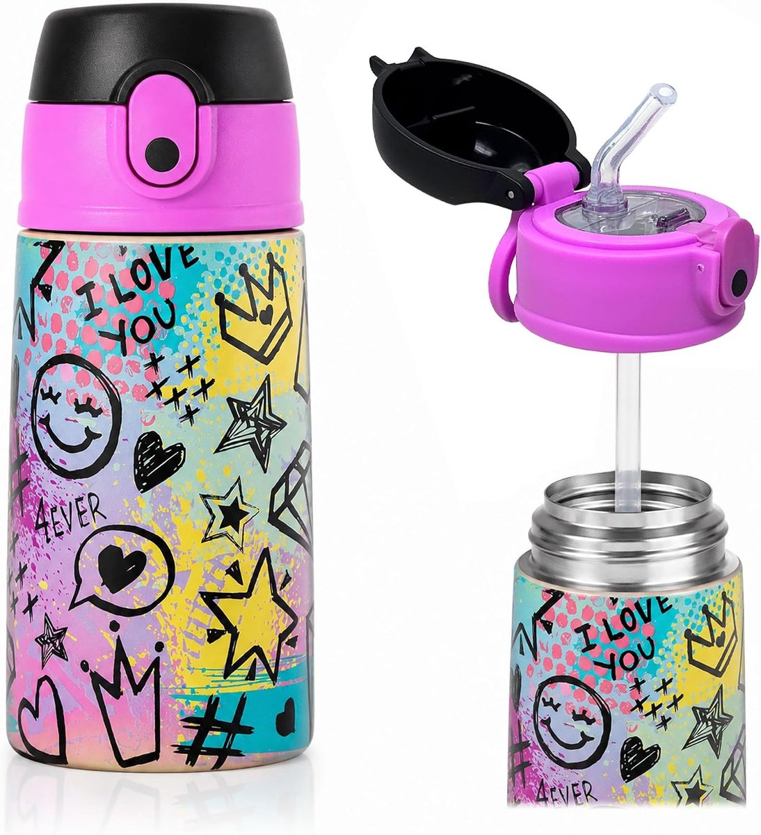 Thermosfles voor kinderen, 400 ml, van roestvrij staal, waterfles met rietje en pop-up deksel, lekvrij en BPA-vrij, ideaal voor school, kleuterschool en sport (Shiny Mood)