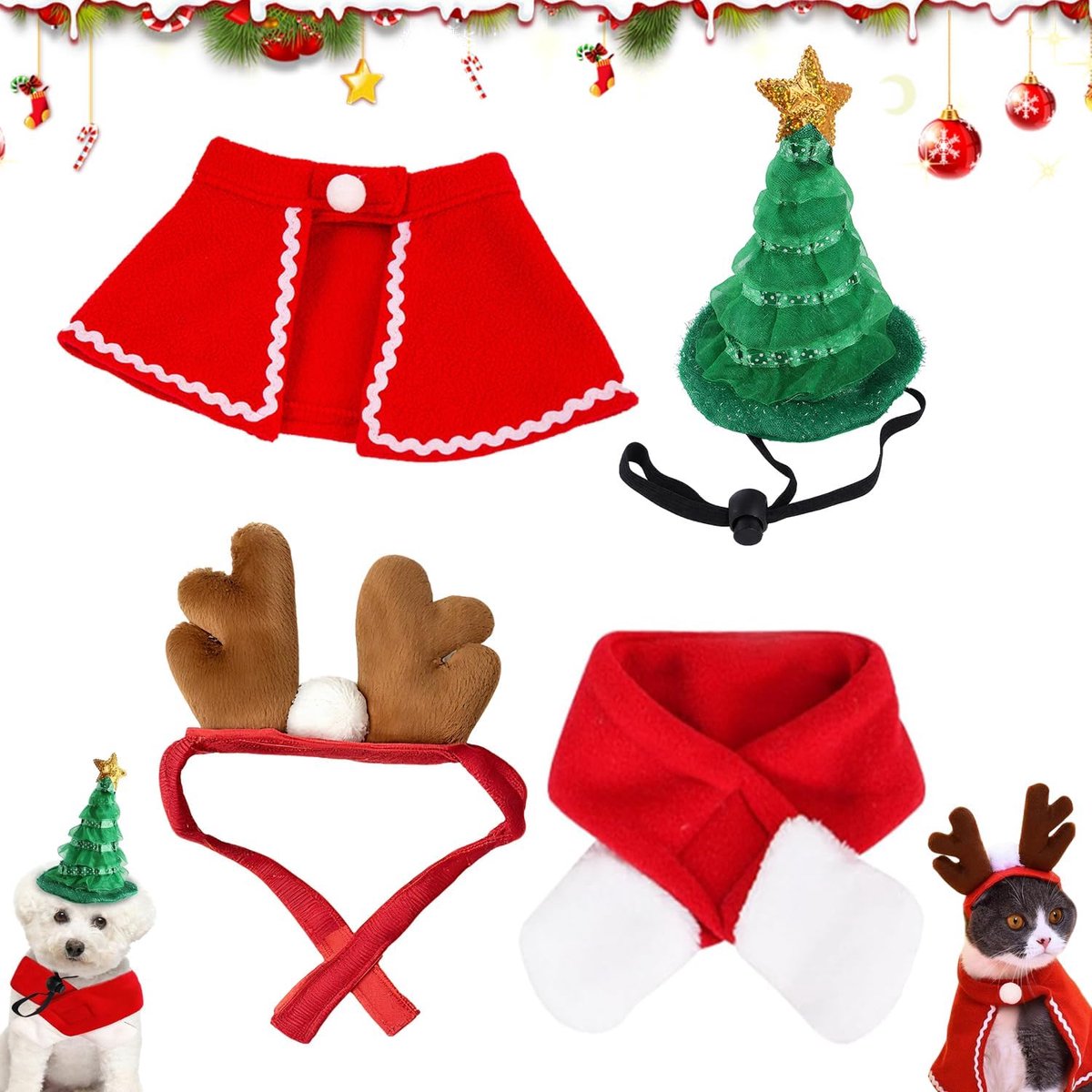 Kerstkostuum voor honden, 4-delig, kerstkleding voor honden, kerstmuts, verstelbare sjaal, gewei voor honden, katten