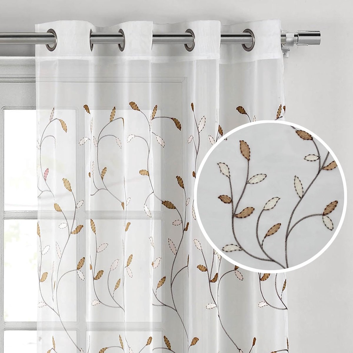 Home Ideas Golvend Bladeren Geborduurd Sheer Extra Breed 54" x 84" Grommet Gordijn Panel, Chocolade