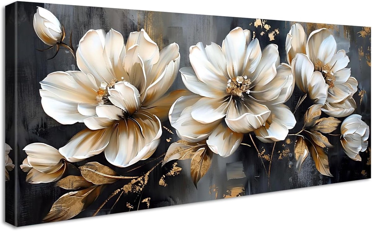 frame, print op canvas, groot peonybloemen schilderij, beige, muurdecoratie, gouden bladeren, grijs, afbeelding op canvas, wanddecoratie, woonkamer, slaapkamer, 50 x 120 cm