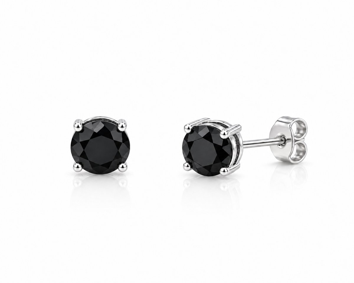 Zilveren unisex oorknoppen met 6 mm zwarte ronde geslepen kristal steen in vierpoots chatonzetting