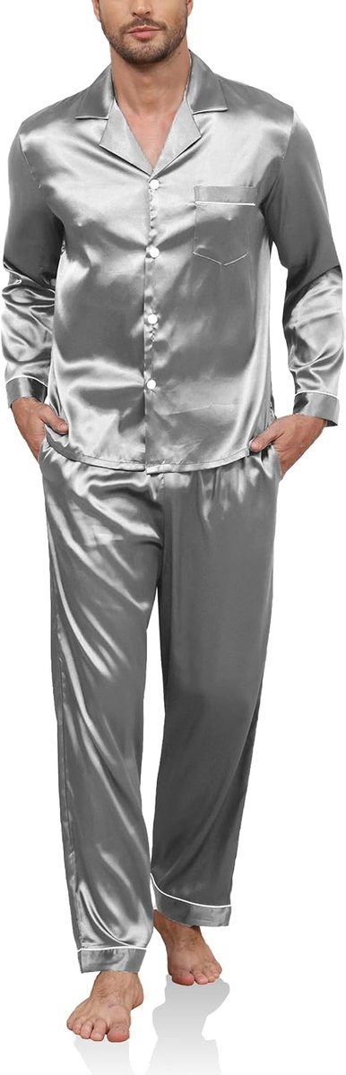 Pyjama heren lange satijnen pyjama set tweedelige lange mouwen mouwen knoopsluiting huispak en pyjamabroek zijden pyjama nachtkleding mannen huispak sleepwear loungewear