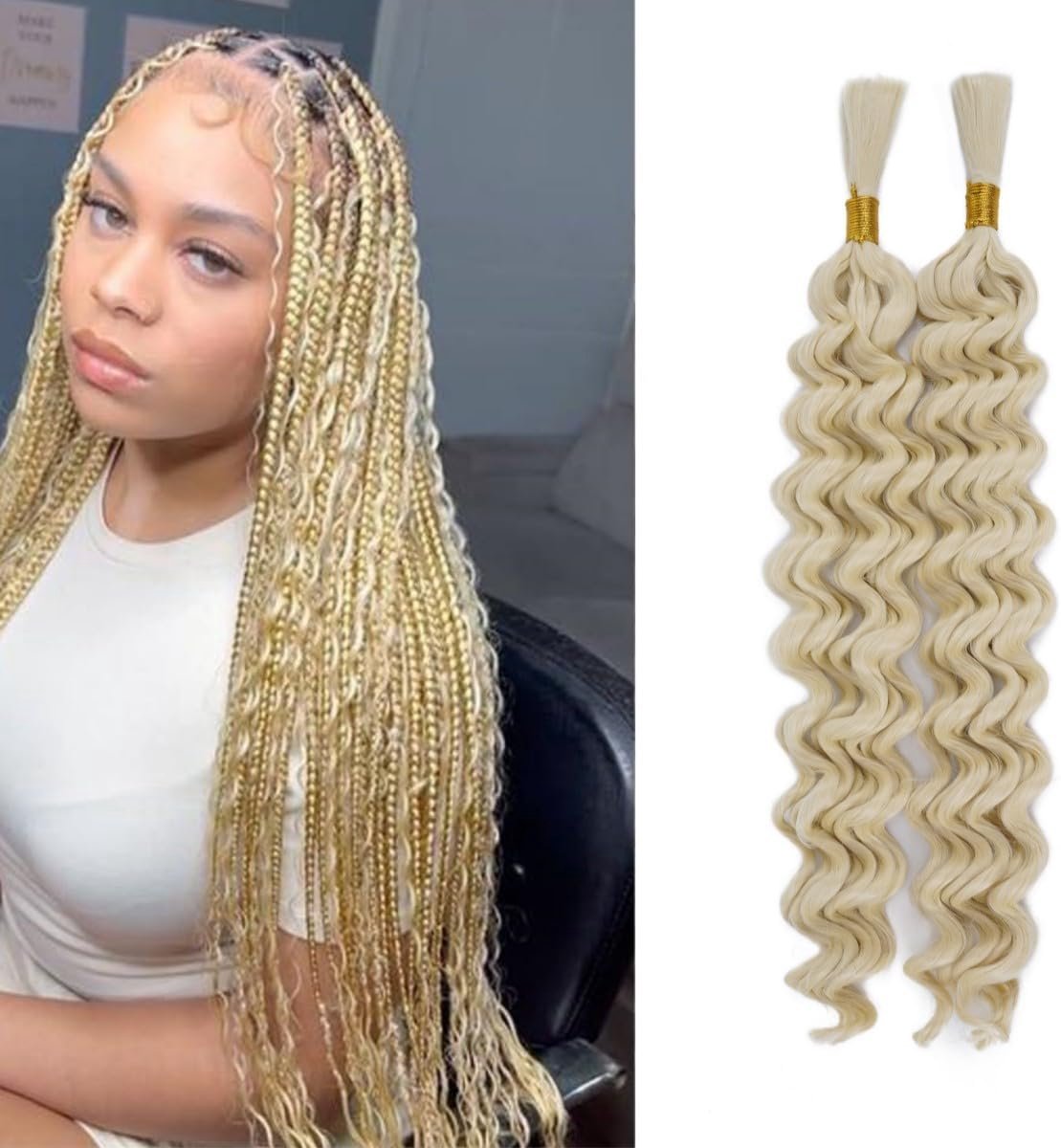 Golf bulk haar voor vlechten, 2 verpakkingen, krullend, golvend haar, bundels, bohemian vlechten, haarextensies, nat en golvend vlechten, 160 g, 613#, 50 cm (pak van 2)
