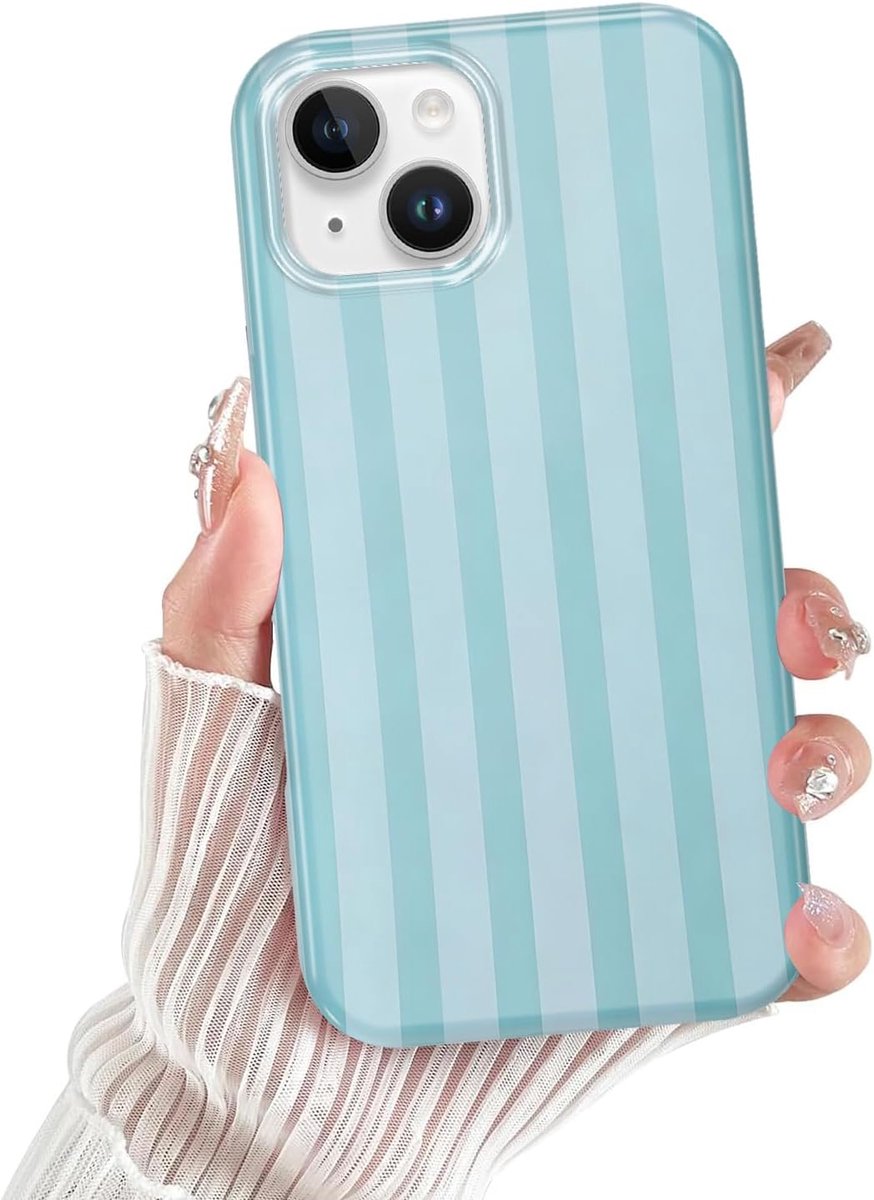 Beschermhoes voor iPhone 14 / iPhone 13 6,1 inch, zachte transparante siliconen beschermhoes met esthetische zomer schattig blauw groenblauw gestreept patroon tekening