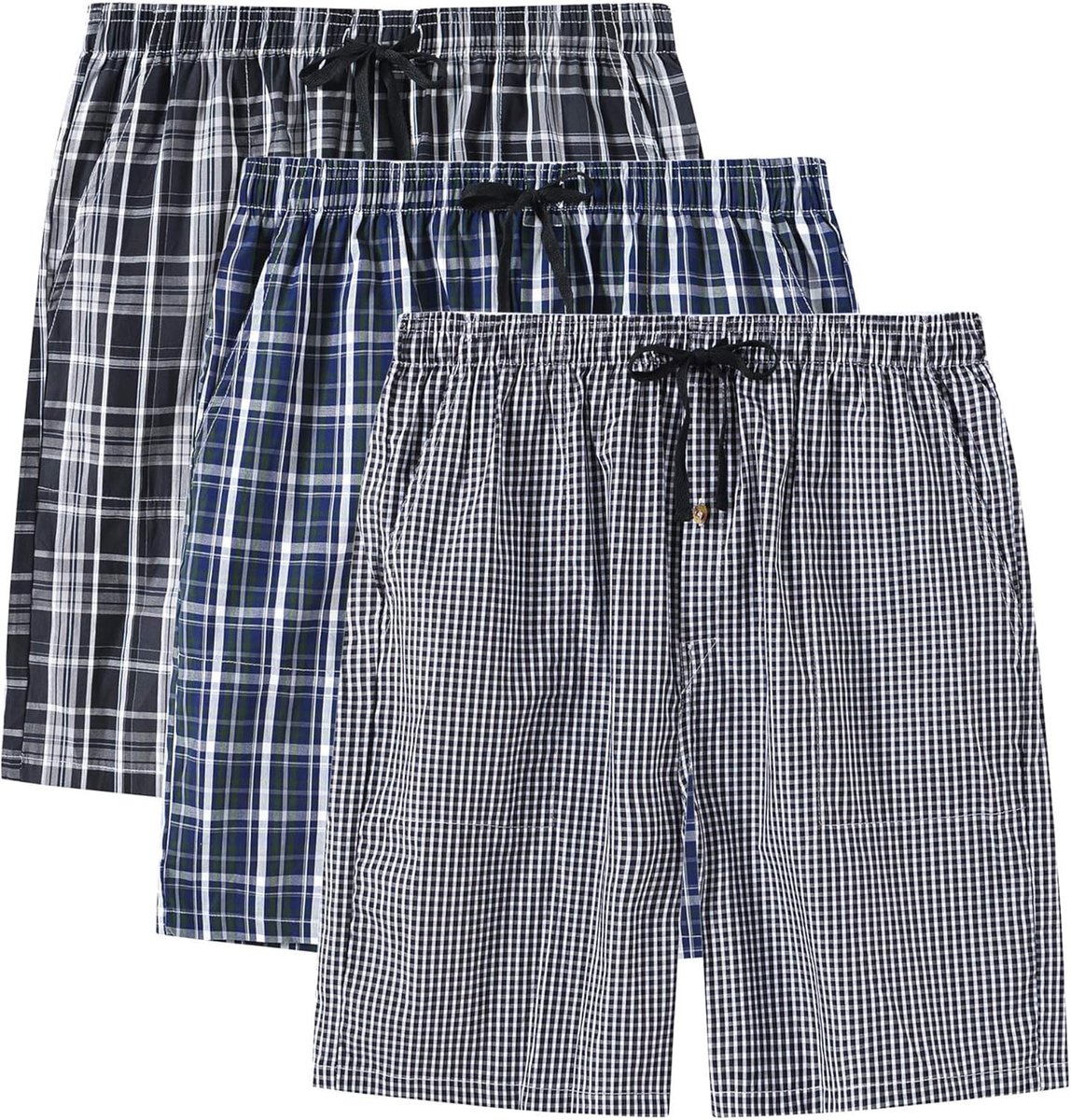 3-pack pyjamabroek voor heren, kort, katoen, geruit, pyjamabroek, shorty, zomer, nachtkleding, slaapshorts met zakken, Verpakking van 3 B, XL