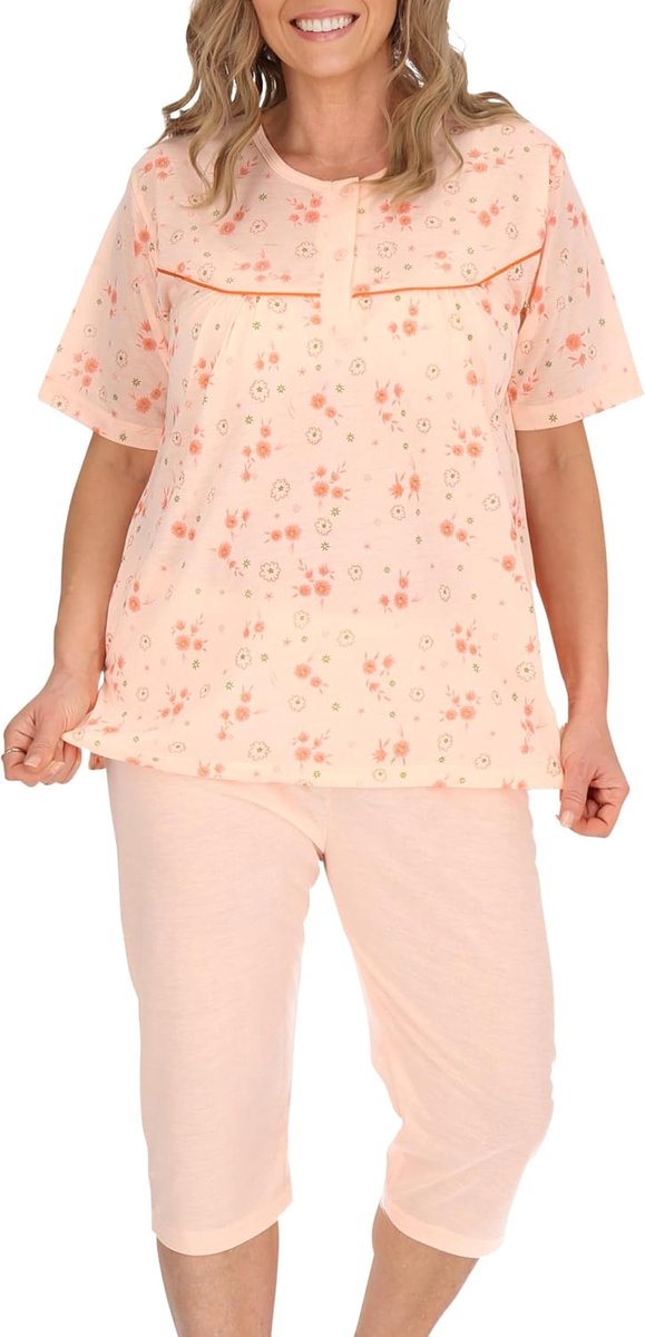 Pyjama kort dames bovendeel korte mouwen onderste deel knielange katoenmix, maat: M, kleur: oranje, Pyjama-korte mouw-knielengte - oranje, M
