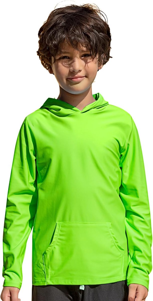 UV-shirt voor kinderen, lange mouwen, jongens, zwemshirt met capuchon, sneldrogend, UPF 50+ zonwering, rash guard, T-shirt met zak, leeftijd 4-14