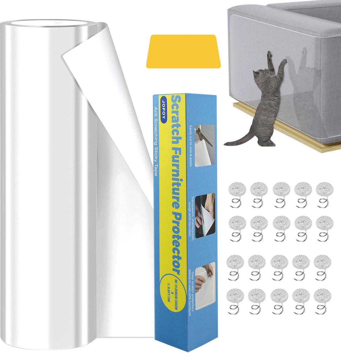 Kattentape, 30 cm x 500 cm, anti-kras-folie voor katten, krasbestendige beschermfolie voor bank, muur, deur en meubels, 40 schroeven