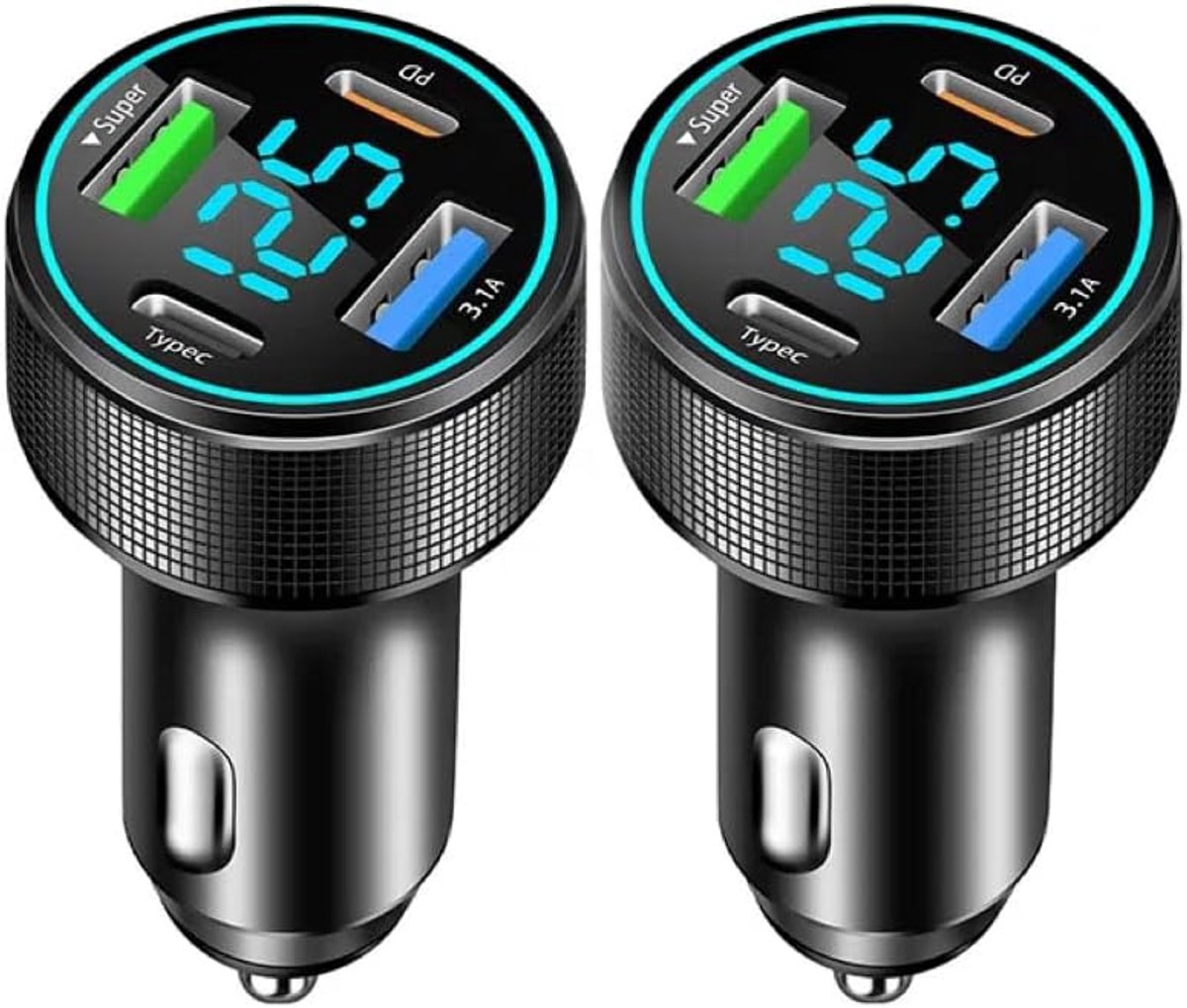 4-poorts sigarettenaansteker USB C, snellader oplader auto, 66W mini autolader dubbele PD 30W+QC3.0 met LED voltmeter voor iOS, Android, tablet en alle smartphones (BLAU 2 STUKS)