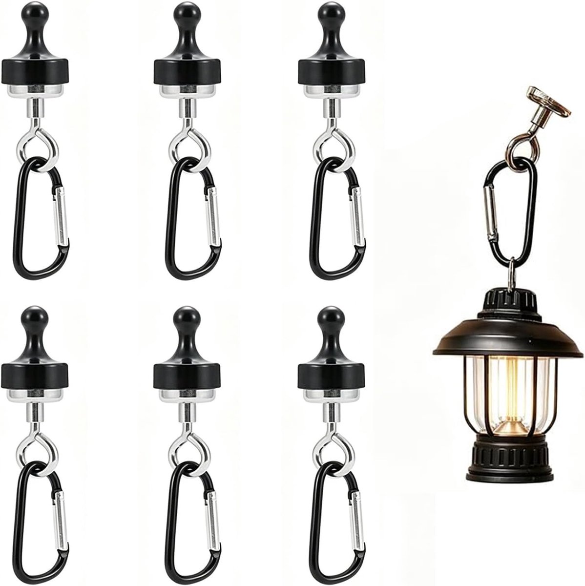 Magnetische Camping Haken Set van 6 Zwart met Karabijnhaak en Sterke Magneet, tot 2 kg Draagkracht, 100 x 25 mm, voor Tent, Camper, Koelkast, Kamperen en Buiten