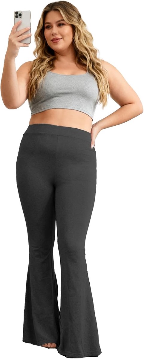 Broek met hoge taille, broekje met klokje, stretchpasvorm, vloerlang