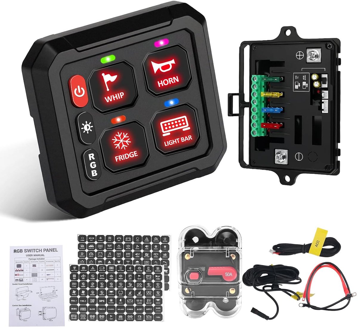 Schakelpaneel met 4 versnellingen, RGB, 12 V/24 V, multifunctionele tuimelschakelaar, momentknop, flitslicht, stroboscoop, aluminium met schakelcircuitrelaissysteembox, compatibel met campers