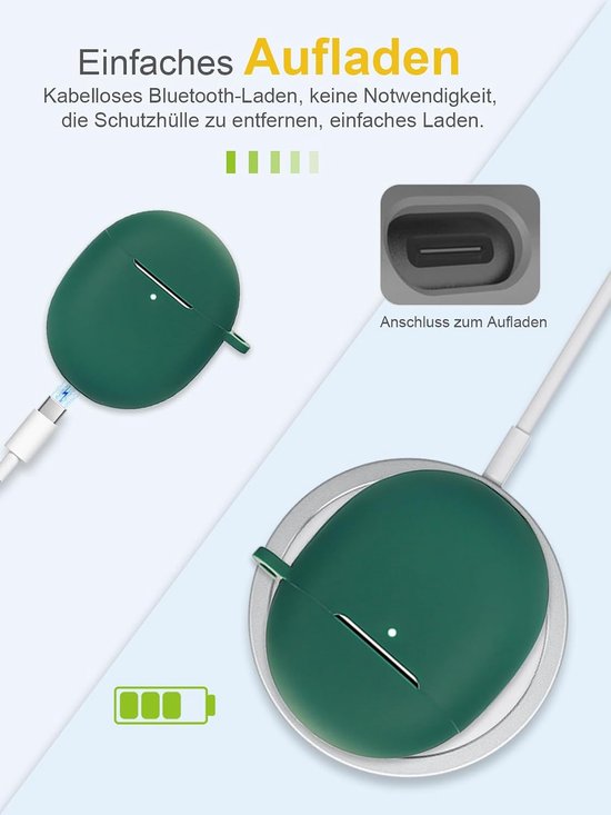 Headphones, daunke voor Google Pixel Buds Pro, zachte siliconen beschermhoes, huidvriendelijk etui met karabijnhaak, volledige bescherming, groen — afbeelding 4